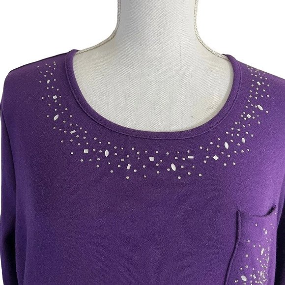 Quacker Factory Eggplant Purple Blouse Large Rhinestones Pocket Embellished Knit - Picture 2 of 6